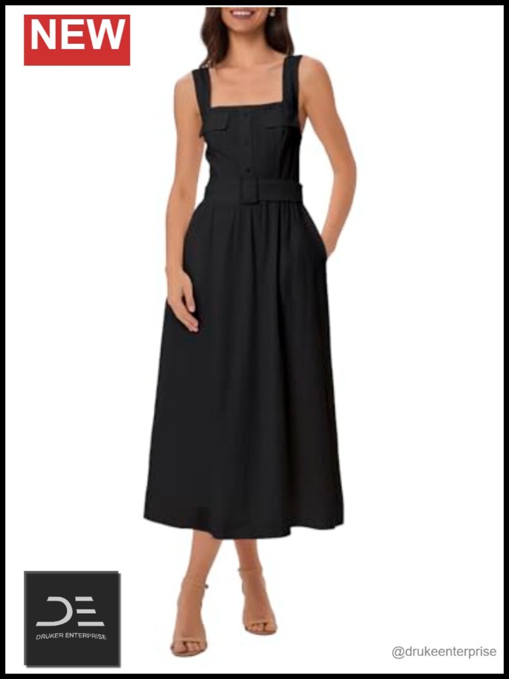 Women Sleeveless Midi Dress Square Neck A-Line Formal Wedding Guest